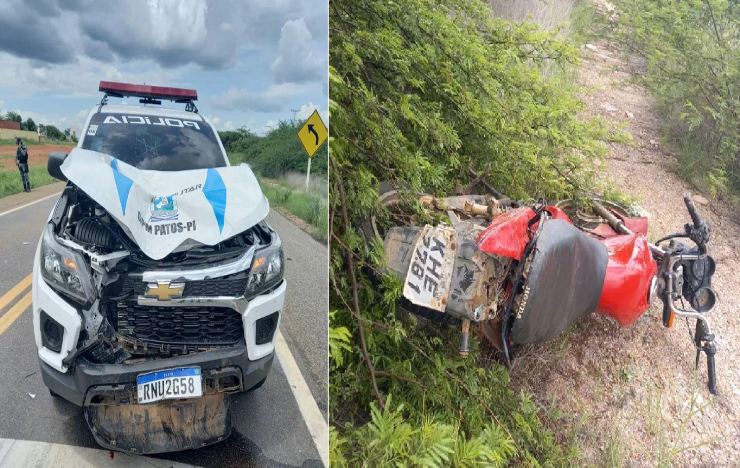 Colisão entre viatura da PM e motocicleta deixa duas pessoas gravemente feridas no Piauí