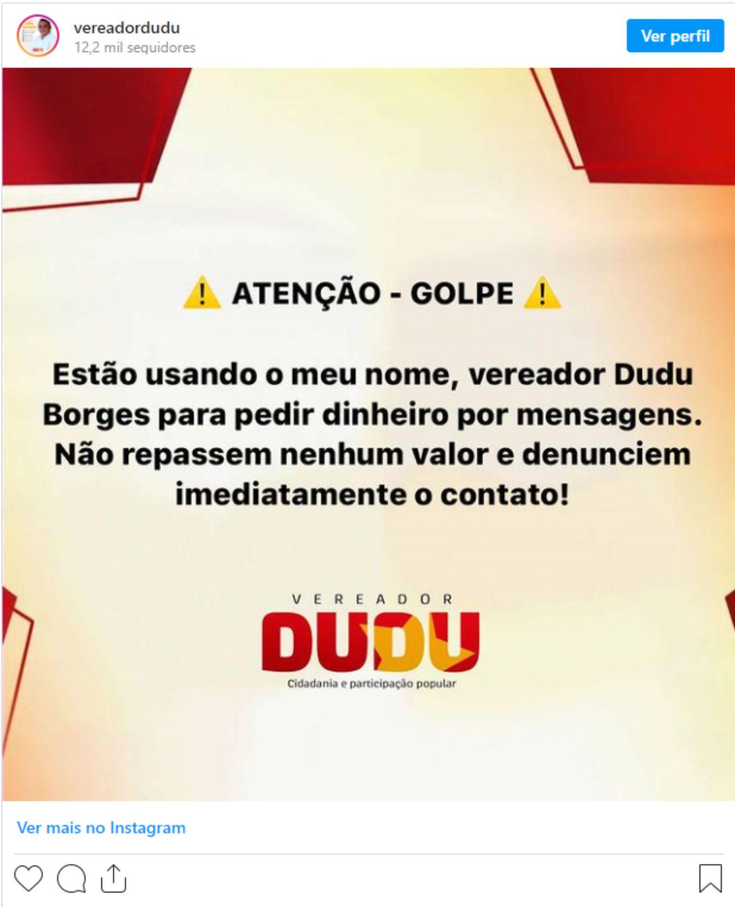 Vereador Dudu denuncia tentantiva de golpe em seu nome via Whatsapp